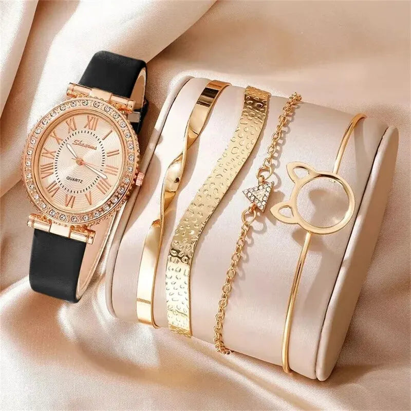 Luxury Women's Watch Set – Leather Strap, Analog Display and Elegant Bracelet