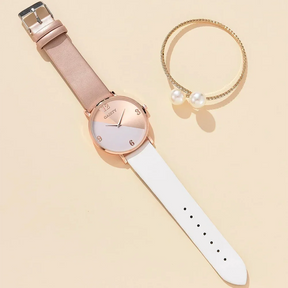 Women's Watch Set – Colorful Synthetic Leather Strap and Elegant Bracelet