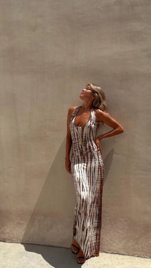 Elegant Dress – Printed Model, Bare Back and Cross Neckline
