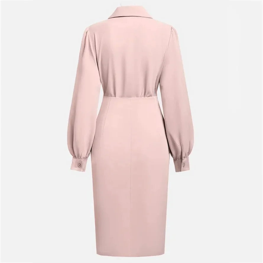 Women's Winter Midi Dress 2025 – Pleated Elegance with V-Neckline and Long Sleeves