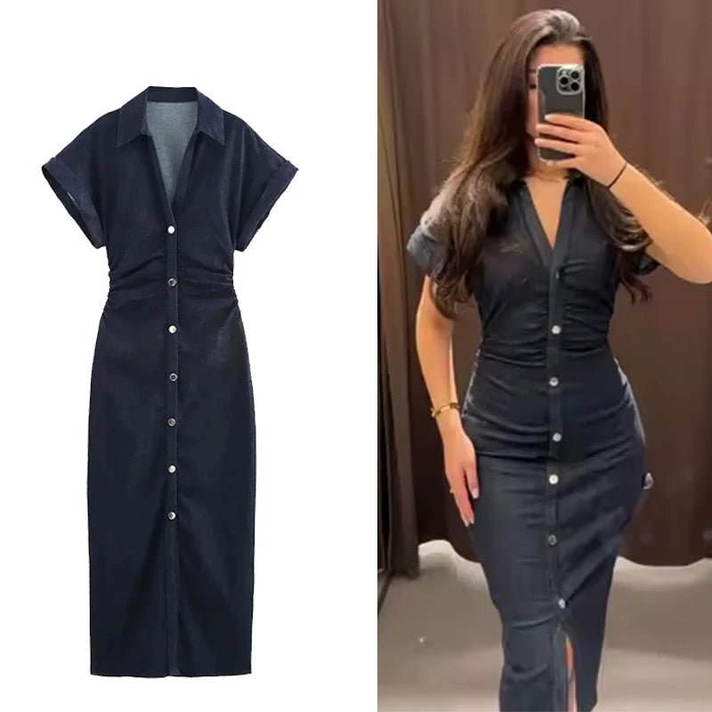 Women's Denim Midi Dress – Casual Elegance Spring/Summer 2025 with Short Ruched Sleeves 