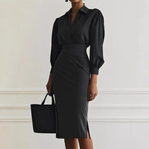 Women's Winter Midi Dress 2025 – Pleated Elegance with V-Neckline and Long Sleeves