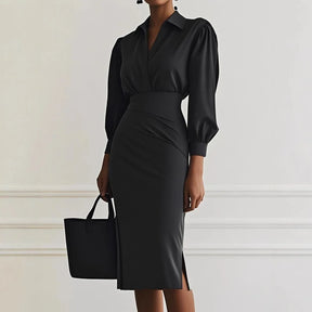 Women's Winter Midi Dress 2025 – Pleated Elegance with V-Neckline and Long Sleeves