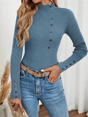 Blusa Elegante de Malha com Botões e Manga Comprida – Camada Confortável
