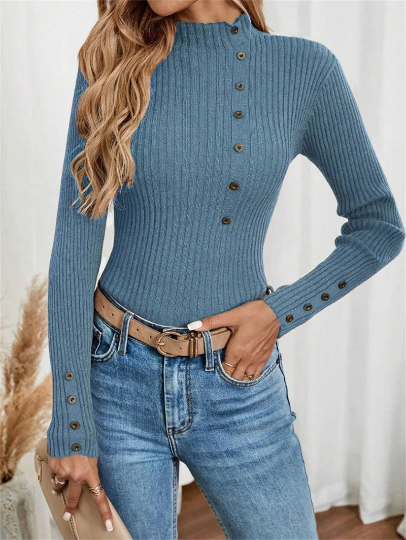 Blusa Elegante de Malha com Botões e Manga Comprida – Camada Confortável