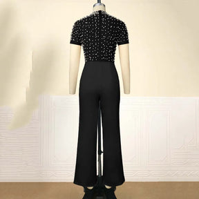 Women's Luxury Pearl Jumpsuit – O-Neck, Short Sleeves and High Waist