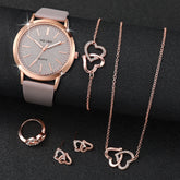 6-Piece Women's Set – Watch with Leather Bracelet and Rosé Jewelry Set with Heart 