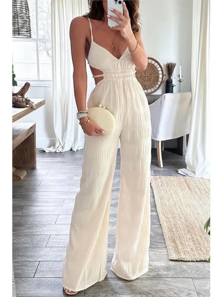 Elegant Women's Sleeveless Jumpsuit – Thin Straps, Open Back and Wide Leg 