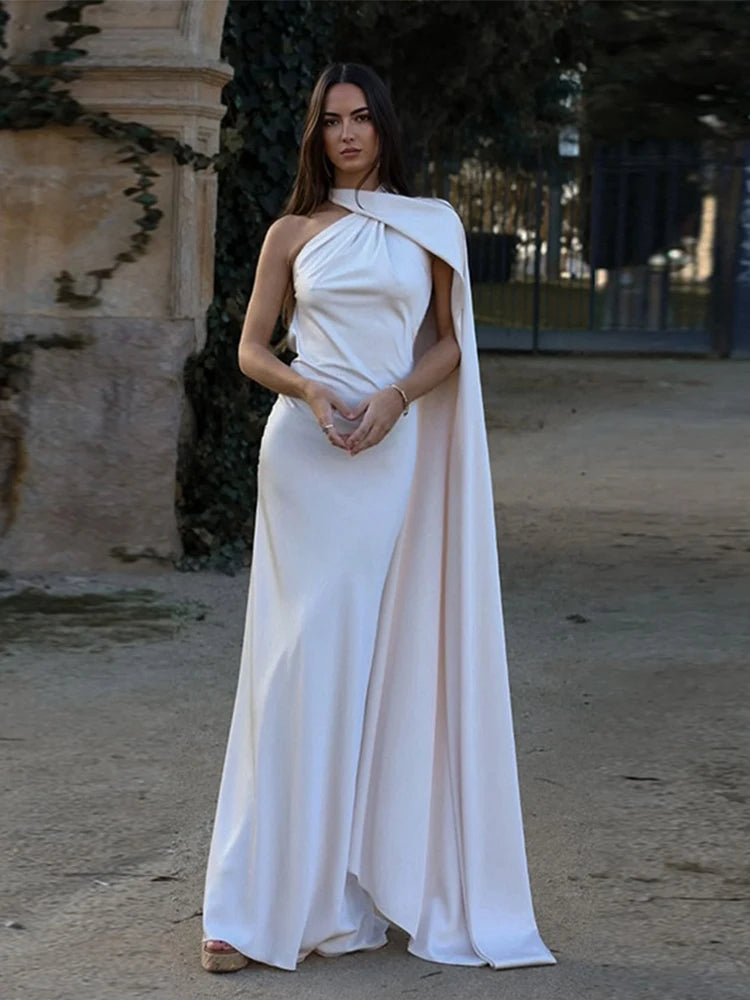 Satin Prom Dress with Bow – Elegant, Halter Neckline, Off-the-Shoulder and Open Back