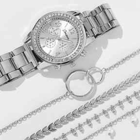 Women's 5-Piece Set – Silver Watch with Rhinestone Details and Metallic Bracelet