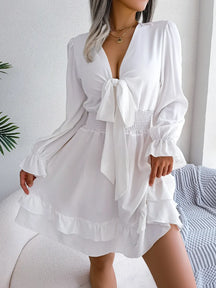 Elegant Short Long Sleeve Dress with Tie – Casual Spring/Summer