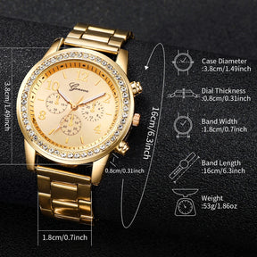 Relógio Feminino Dourado em Aço Inoxidável com Bracelete de Diamantes