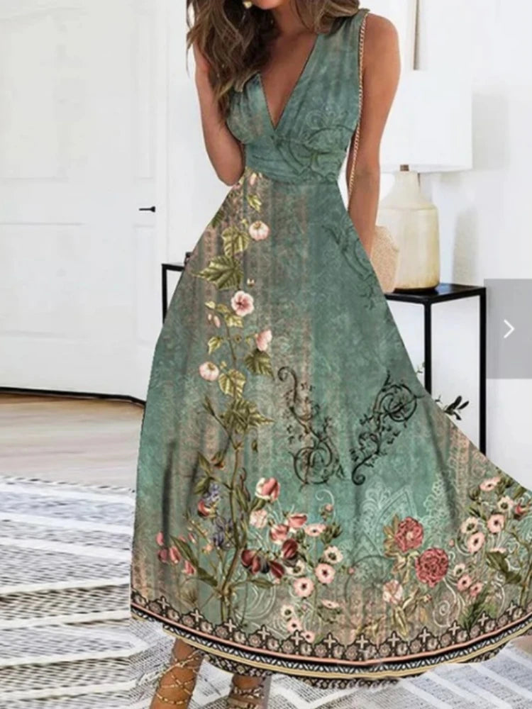 Vestido Feminino Elegante de Verão 2025 – Estampado, Cintura Alta, Sem Mangas e de Comprimento Médio
