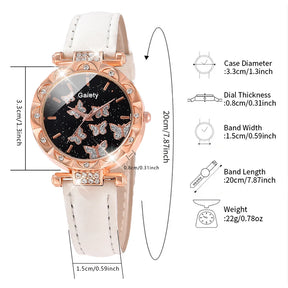 Women's 5-Piece Set – White Watch with Butterfly Dial and Leather Strap