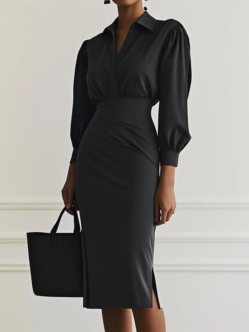 Women's Winter Midi Dress 2025 – Pleated Elegance with V-Neckline and Long Sleeves