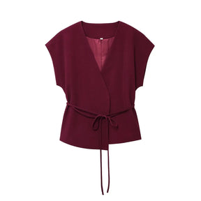 Women's Sleeveless Top and Pants Set – V-Neck, Elegant Belt, and Straight Cut 
