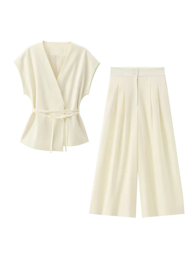 Women's Sleeveless Top and Pants Set – V-Neck, Elegant Belt, and Straight Cut 