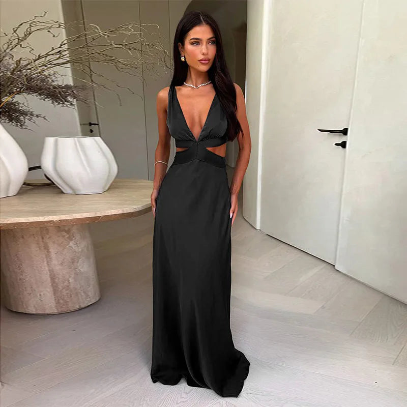 Long Dress with Deep V-Neckline – Elegant Cutouts, Side Slit and High Waist