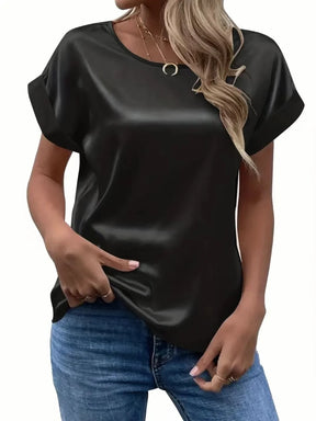 Blusa de Cetim – Casual, Manga Curta e Gola Redonda | Verão Elegante