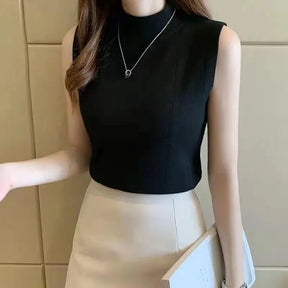 Top Casual Sem Mangas – Estilo Coreano, Malha Elástica, Primavera e Verão