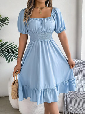Midi Dress – Summer Casual with Square Neckline, Short Sleeves and Ruffled Waist