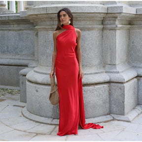 Satin Prom Dress with Bow – Elegant, Halter Neckline, Off-the-Shoulder and Open Back