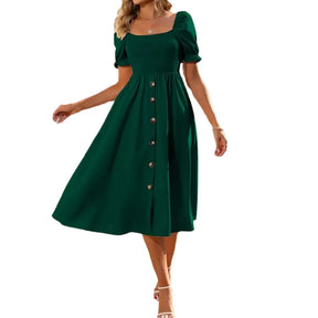 Green Midi Dress with Buttons – Casual Elegance | Model with Short Sleeves and Long Cut