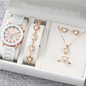 Women's Set with 5 or 6 Pieces – Quartz Watch with Silicone Strap and Jewelry