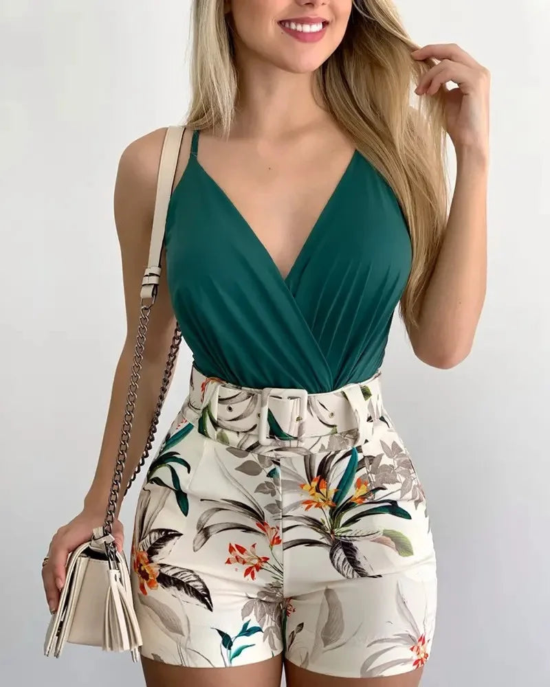 Women's Summer Set – Floral Print Tank Top and Shorts with Waist Belt