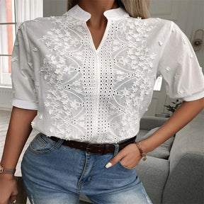 Camisa Branca Verão 2024 – Manga Curta Elegante, Croché Vintage, Blusa Vazado em Algodão