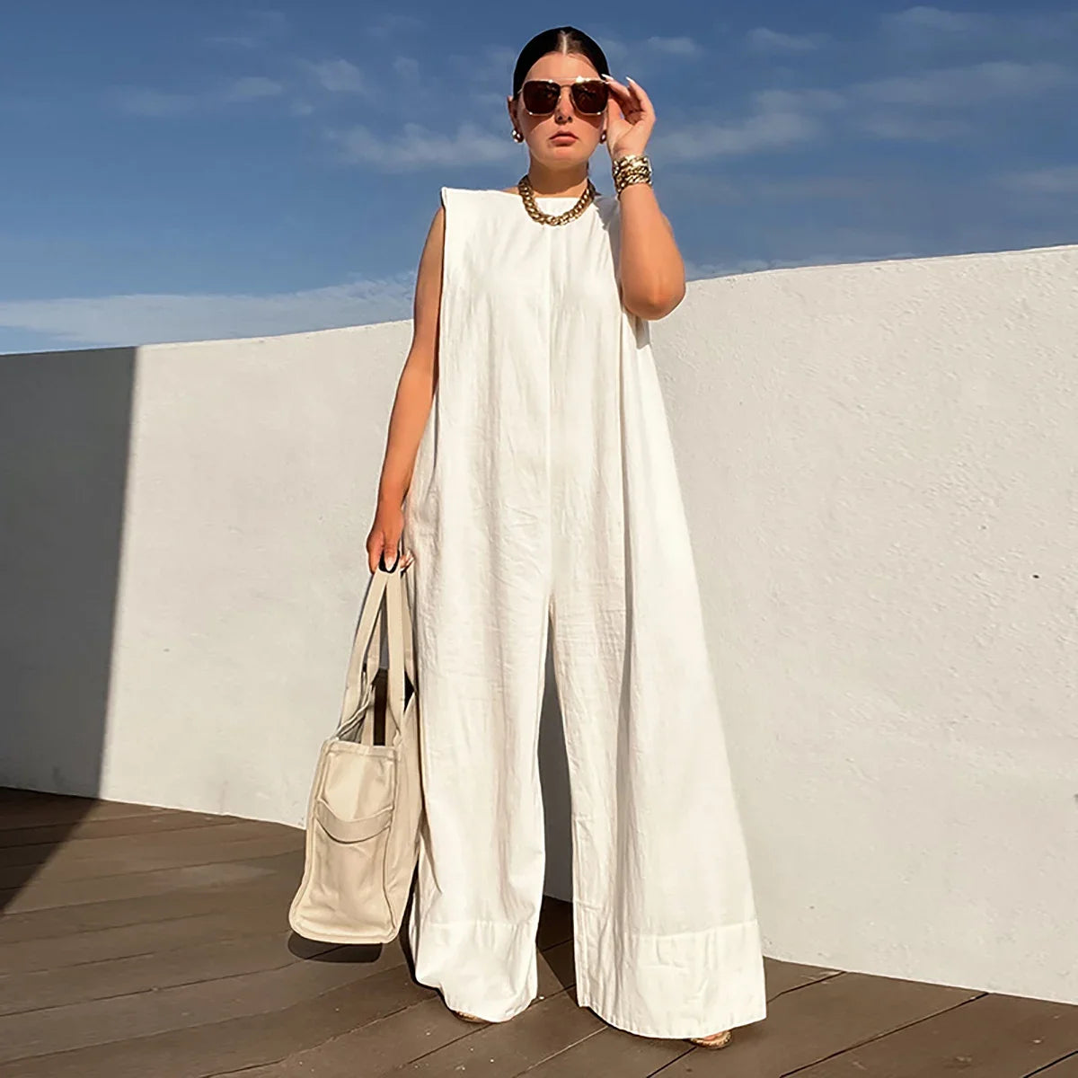 Women's Sleeveless Wide Leg Jumpsuit – Loose Fit, Solid Colors, and Casual-Chic Style
