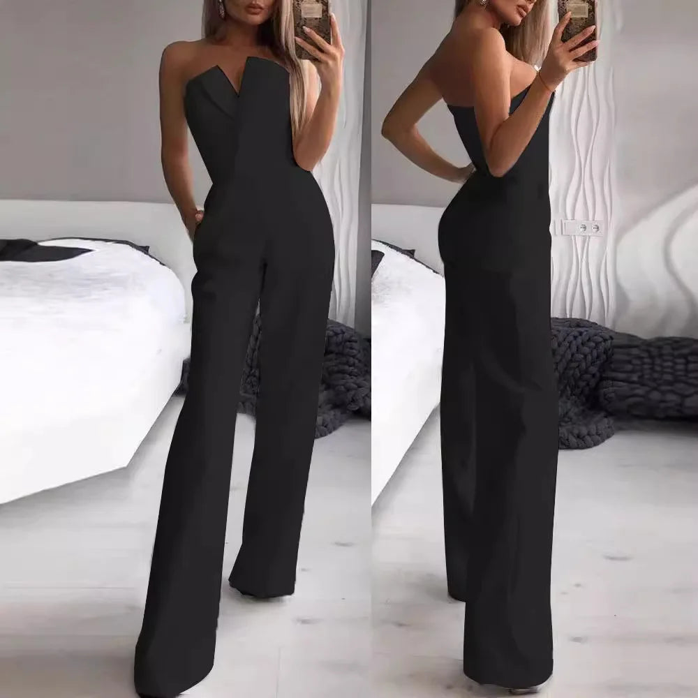Women's Sleeveless Jumpsuit with Asymmetrical Neckline – Mid-Rise and Sophisticated Design 