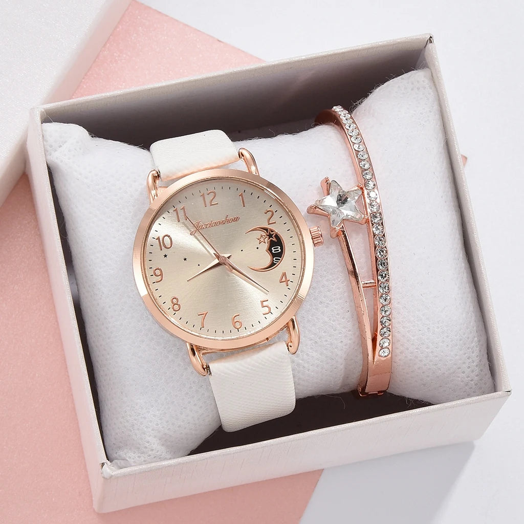 Conjunto relógio com Pulseira em Couro e Bracelete| Design Elegante e Moderno