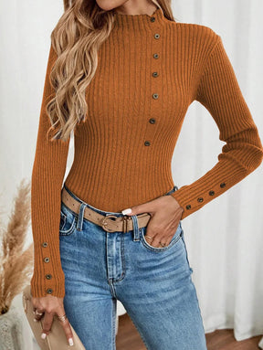Blusa Elegante de Malha com Botões e Manga Comprida – Camada Confortável