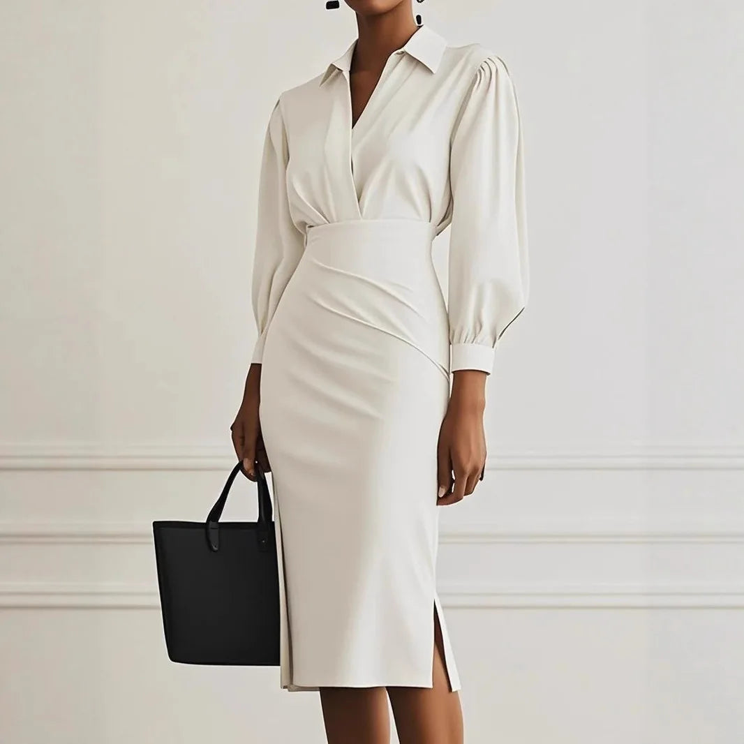 Women's Winter Midi Dress 2025 – Pleated Elegance with V-Neckline and Long Sleeves