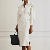 Women's Winter Midi Dress 2025 – Pleated Elegance with V-Neckline and Long Sleeves