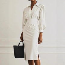 Women's Winter Midi Dress 2025 – Pleated Elegance with V-Neckline and Long Sleeves