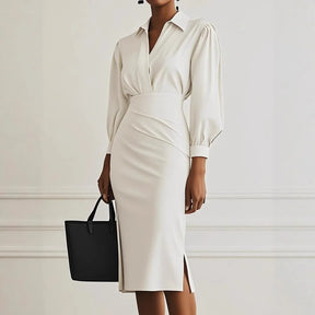 Women's Winter Midi Dress 2025 – Pleated Elegance with V-Neckline and Long Sleeves