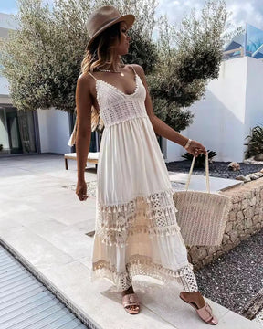 Women's White Lace Long Dress - Ideal for Vacations, Beach and Leisure