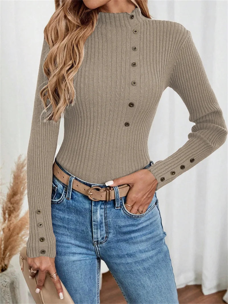 Blusa Elegante de Malha com Botões e Manga Comprida – Camada Confortável