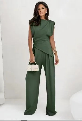 Women's Satin Set – Pleated Top with Slit and Wide Leg Pants