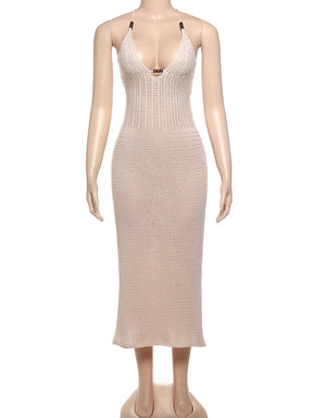 Vestido Maxi  Elegante em Crochê Patchwork – Decote Baixo, Tiras Cruzadas