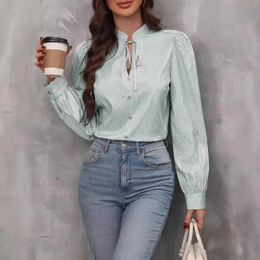 Women's Autumn Blouse – Striped Shirt with Buttons and Long Sleeves