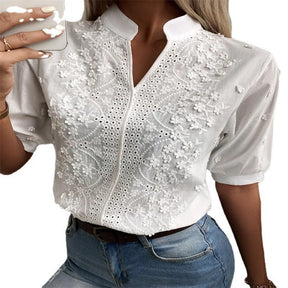 Camisa Branca Verão 2024 – Manga Curta Elegante, Croché Vintage, Blusa Vazado em Algodão