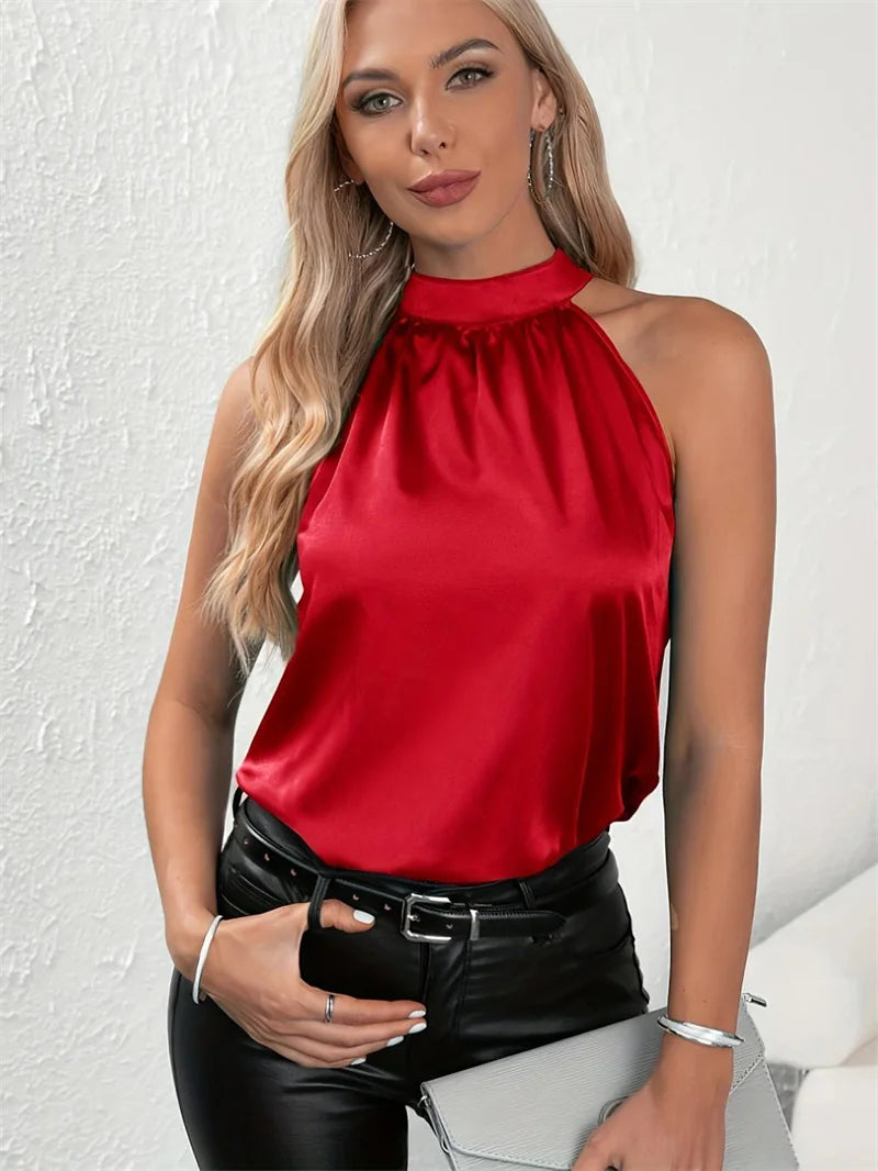 Blusa Casual Sem Mangas – Gola Halter e Cor Sólida