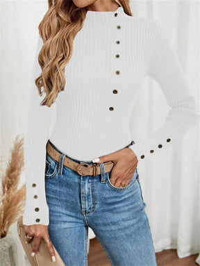 Blusa Elegante de Malha com Botões e Manga Comprida – Camada Confortável
