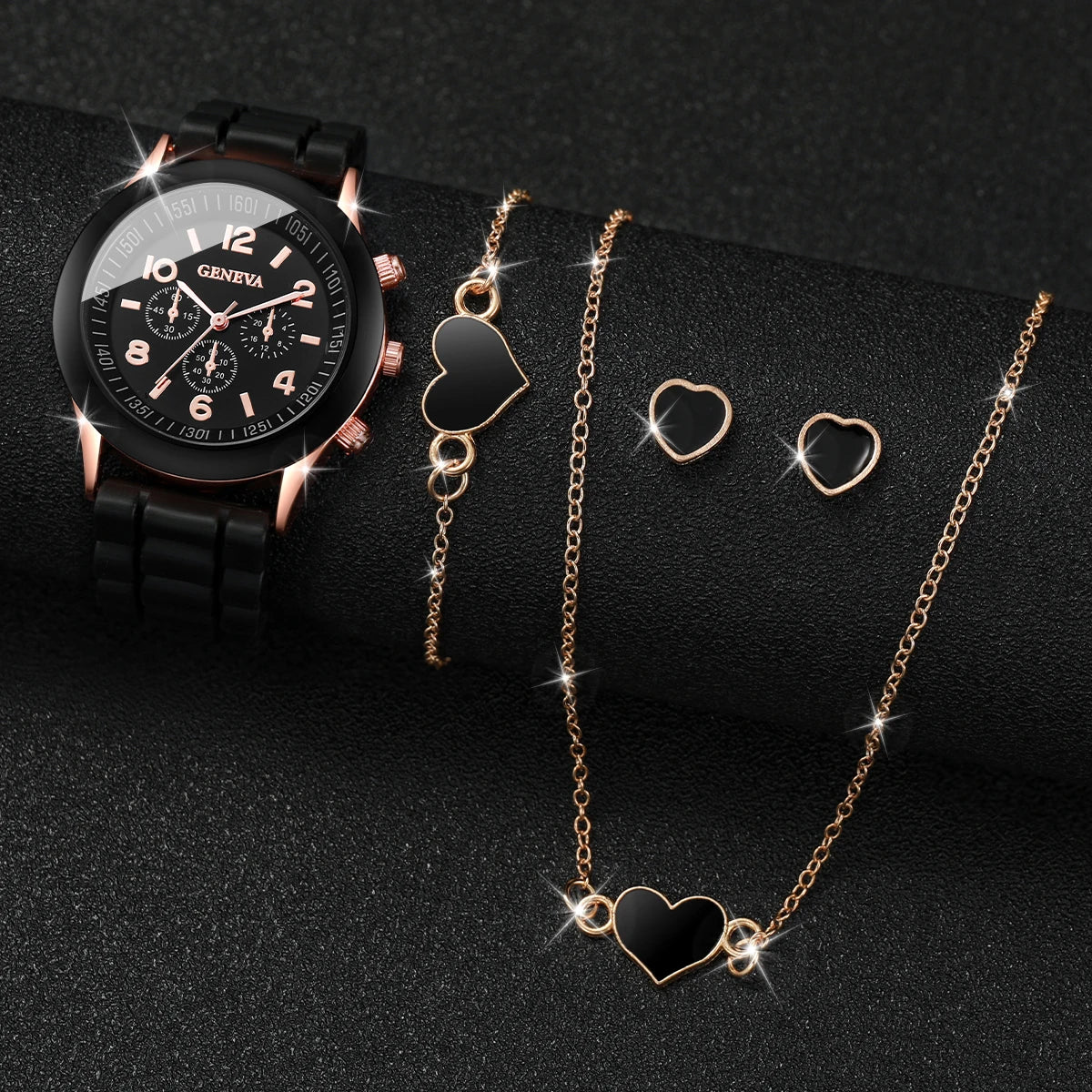 Women's Set with 5 or 6 Pieces – Quartz Watch with Silicone Strap and Jewelry