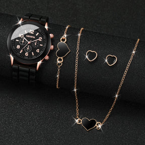 Women's Set with 5 or 6 Pieces – Quartz Watch with Silicone Strap and Jewelry