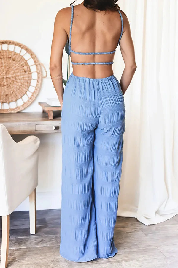 Elegant Women's Sleeveless Jumpsuit – Thin Straps, Open Back and Wide Leg 