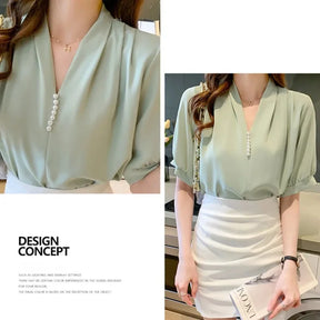 Blusa Casual Verão – Manga Curta Bufante, Decote em V